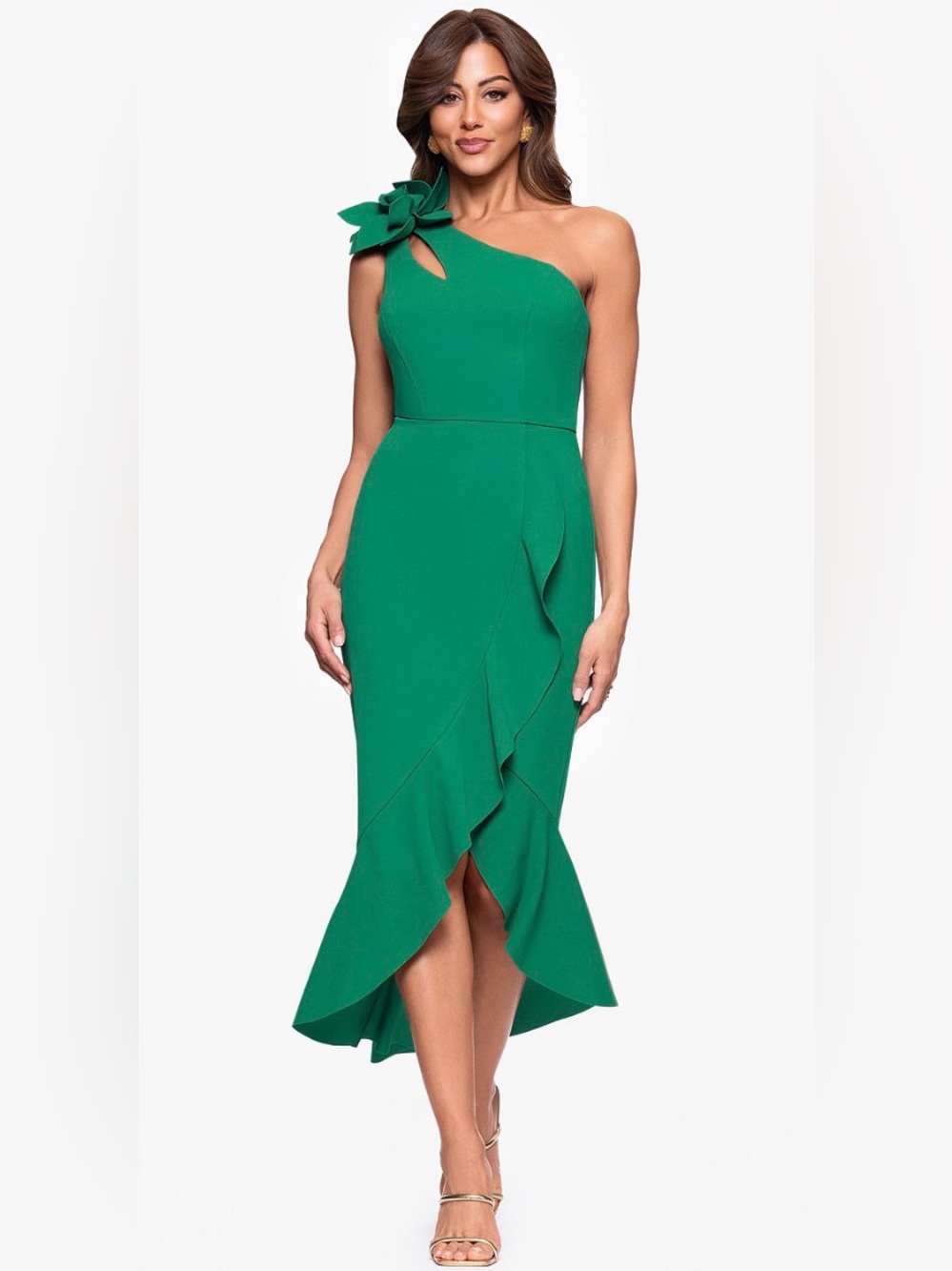 Xscape Green 8 Petite Asymmetrical One-Shoulder Ruffled Midi Dress, NWT!